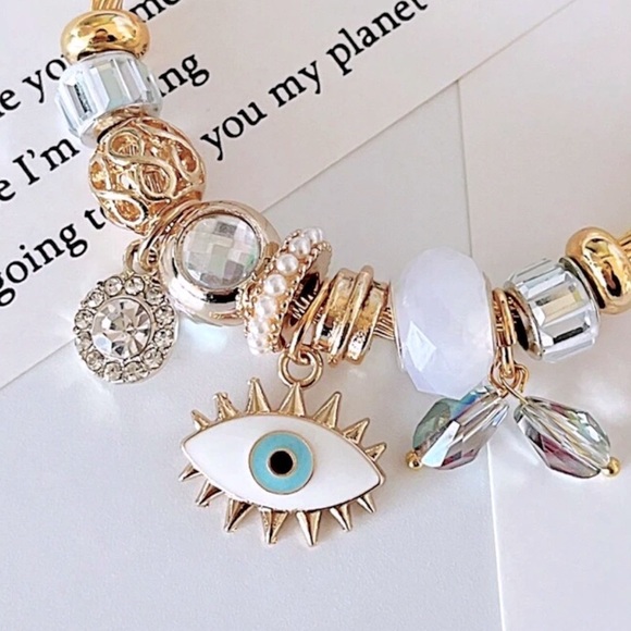 SALE 18k Stamped Gold Filled Bohemian Evil Eye Charm Bracelet - Picture 2 of 5